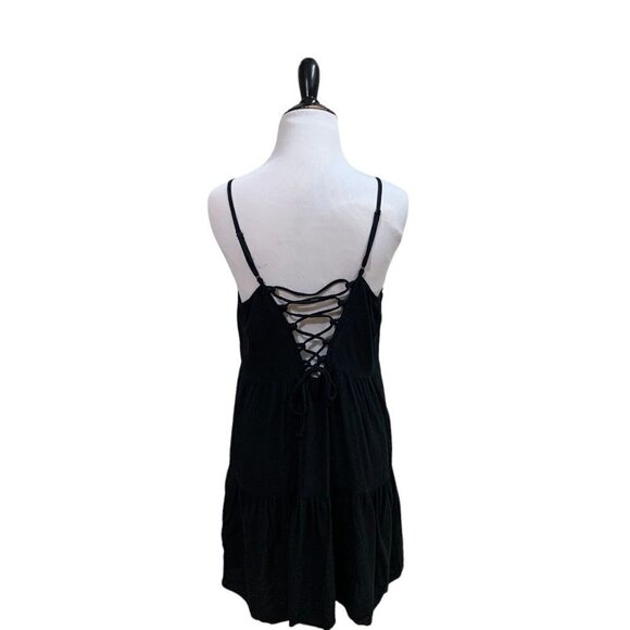 Mudd Women's L Large Spaghetti Strap Top Tiered Lace up Back Flowy Black - Picture 5 of 7